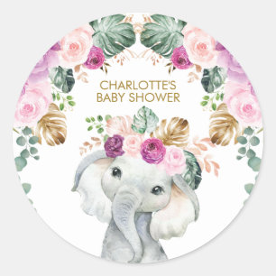 Sticker Rond Un Baby shower sauvage d'éléphants tropicaux