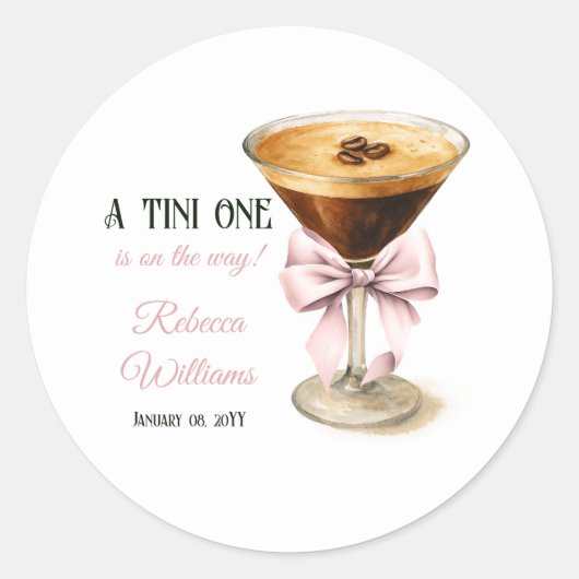 Sticker Rond Un Baby shower Tini One Rose Bow Espresso Martini (Devant)