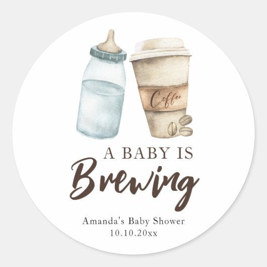 Sticker Rond Un bébé brasse une bouteille Baby shower café (Devant)