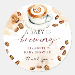 Sticker Rond Un bébé prépare un café Baby Shower Merci