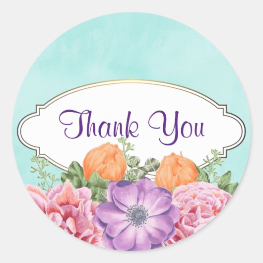 Sticker Rond Un bouquet de Merci aux fleurs d'aquarelle (Devant)