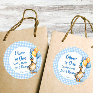 Sticker Rond Un canard chanceux bleu en vichy anniversaire