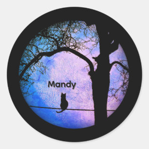 Sticker Rond Un chat noir sur un fil Nom de la Pleine lune