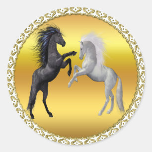 Sticker Rond Un cheval noir et blanc qui se bat