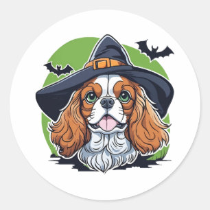 Sticker Rond Un chien portant un chapeau de sorcière avec des c