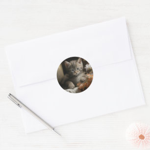 Sticker Rond Un Coin Cosy Tabby Kitten