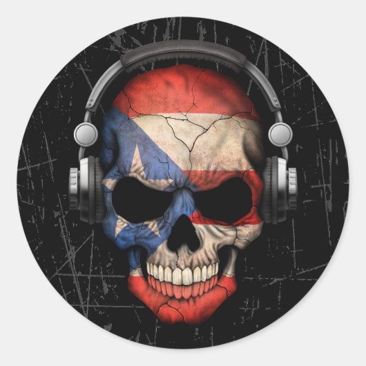 Sticker Rond Un crâne Dj Portoricain griffé avec casque (Devant)