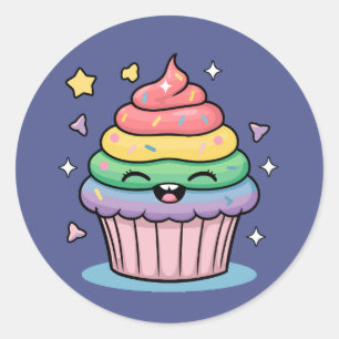 Sticker Rond Un cupcake de Kawaii avec gel arc-en-ciel et