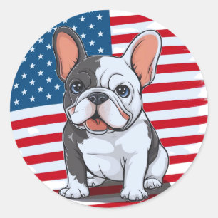 Sticker Rond Un dessin animé français bulldog avec drapeau amér