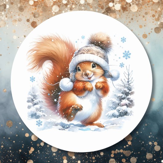 Sticker Rond Un écureuil mignon à Noël de neige