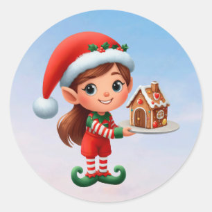 Sticker Rond Un elfe féminin mignon tenant une maison en pain d