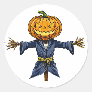 Sticker Rond Un épouvantail effrayant d'Halloween avec une citr