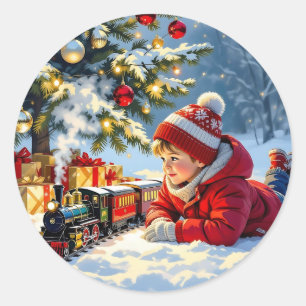 Sticker Rond Un garçon et son train de Noël
