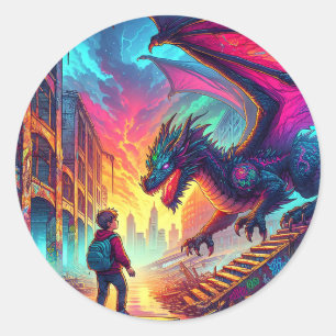 Sticker Rond Un garçon rencontre un dragon dans un monde dystop