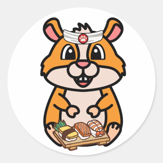 Sticker Rond Un hamster drôle est un chef sushi (Devant)