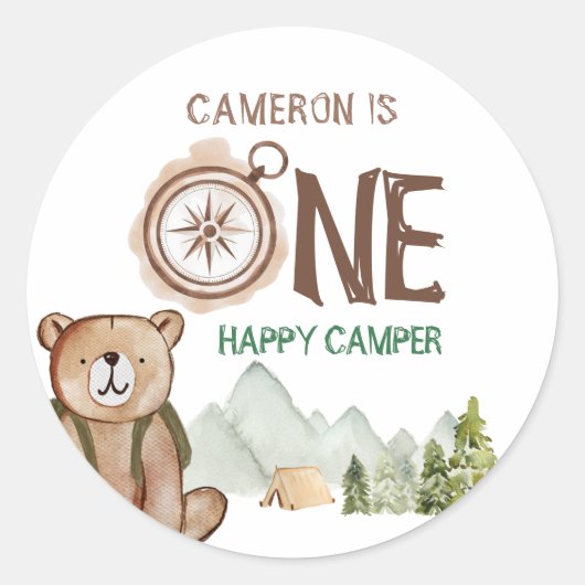 Sticker Rond Un heureux Camper Bear Woodland 1er anniversaire (Devant)