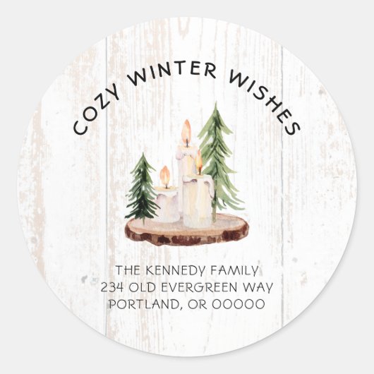 Sticker Rond Un hiver doux souhaits Blanc Distressed Bois Noël (Devant)