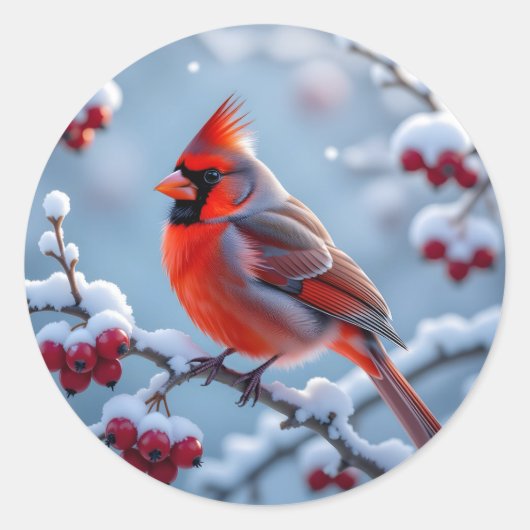 Sticker Rond Un joli cardinal sur une branche enneigée Noël (Devant)