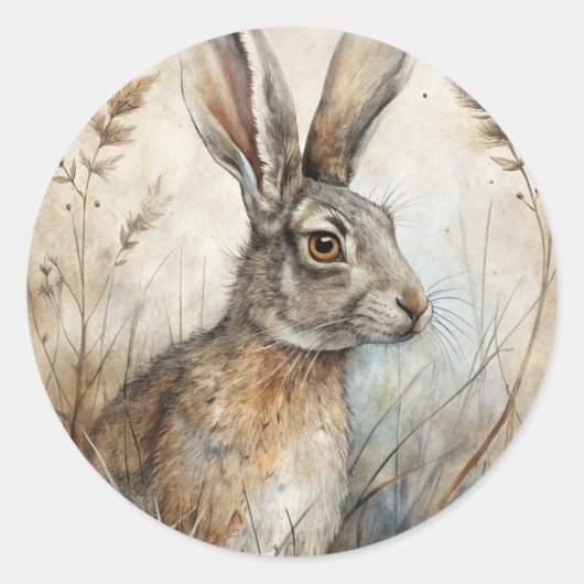 Sticker Rond Un joli lièvre en forêt (Devant)