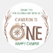 Sticker Rond Un joyeux Camper Woodland 1er anniversaire (Devant)