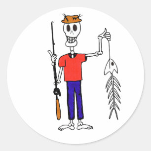 Sticker Rond Un joyeux pêcheur de squelette avec un poisson de