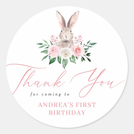 Sticker Rond Un lapin Blush rose Merci Floral Anniversaire (Devant)