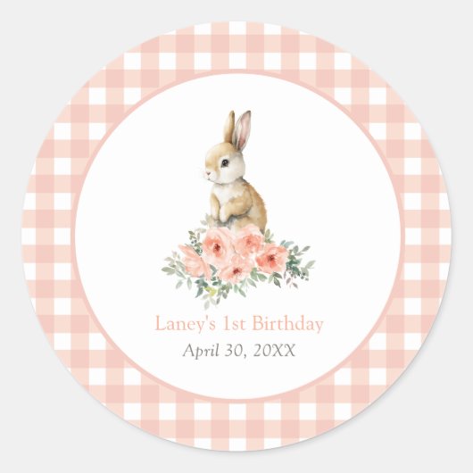 Sticker Rond Un lapin rose floral fille Anniversaire (Devant)