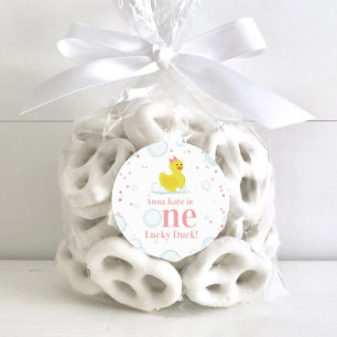 Sticker Rond Un Lucky Canard rose Premier anniversaire fête