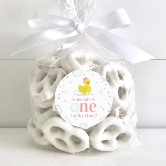 Sticker Rond Un Lucky Canard rose Premier anniversaire fête