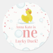 Sticker Rond Un Lucky Canard rose Premier anniversaire fête (Devant)
