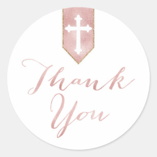 Sticker Rond Un Merci religieux rose et brillant