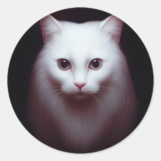 Sticker Rond Un mignon Art numérique de chat Fluffy Blanc