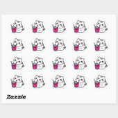 Sticker Rond Un mignon chat rose boit une paille (Feuille)