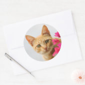 Sticker Rond Un mignon chaton à table rouge vous regarde. (Enveloppe)