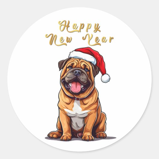 Sticker Rond Un mignon chien de Noël portant un chapeau de Père (Devant)