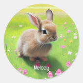 Sticker Rond Un mignon lapin dans une prairie fleurie (Devant)