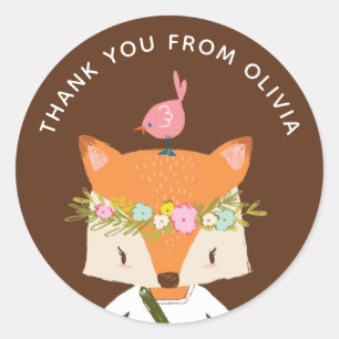 Sticker Rond Un mignon renard boisé. Enfants / bébé merci