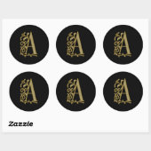 Sticker Rond Un monogramme bouclé sur noir (Feuille)