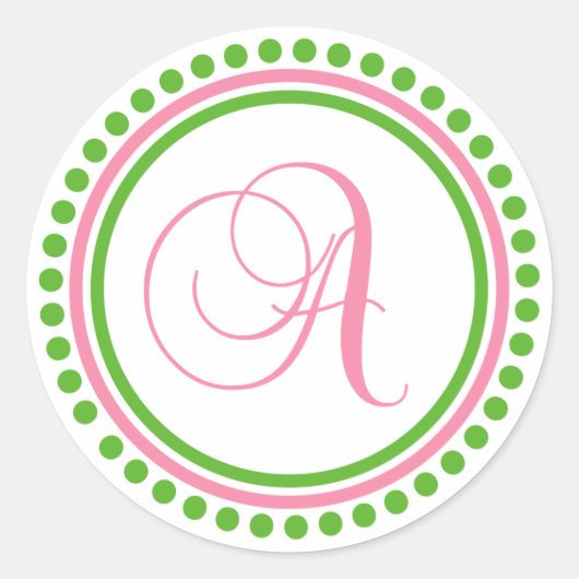 Sticker Rond Un monogramme (rose clair / cercle vert à points) (Devant)