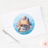 Sticker Rond Un morceau de gâteau, une coupe de café et des fle (Enveloppe)