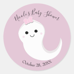 Sticker Rond Un petit Baby shower d'Halloween rose Fantôme