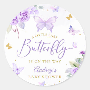 Sticker Rond Un petit Baby shower Floral d'or pourpre à papillo