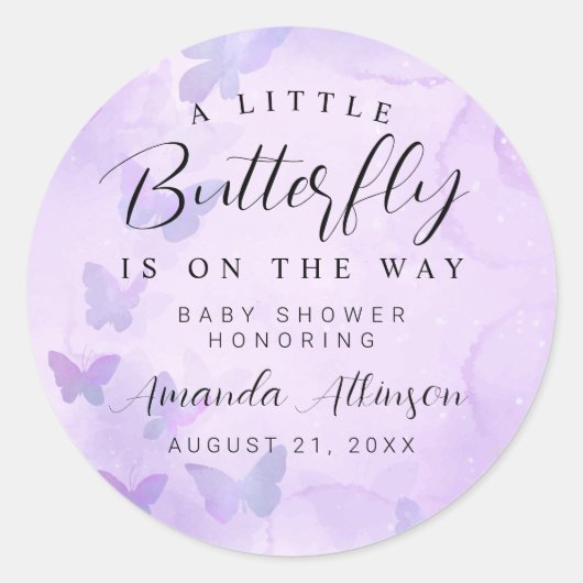 Sticker Rond Un petit Baby shower pourpre à papillon (Devant)