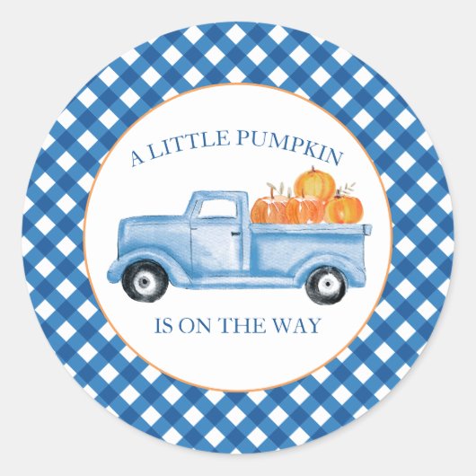 Sticker Rond Un petit camion bleu Citrouille baby shower (Devant)
