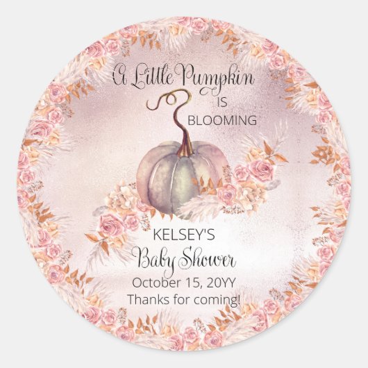 Sticker Rond Un Petit Citrouille Fleurit Baby shower Rose (Devant)
