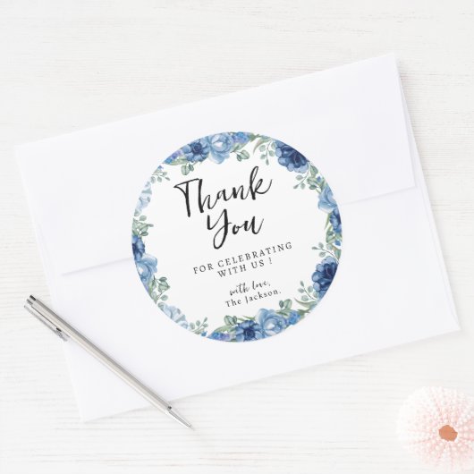 Sticker Rond Un Petit Papillon bleu Floral Merci rustique (Enveloppe)