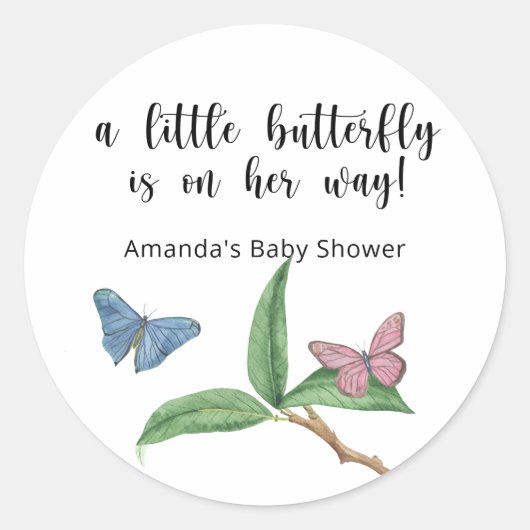Sticker Rond Un petit papillon est en route Baby shower (Devant)