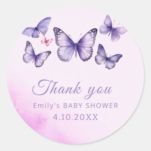 Sticker Rond Un petit papillon mignon Baby shower Merci (Devant)
