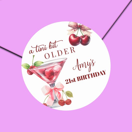Sticker Rond Un peu plus âgé Chic Cherry Martini 21e anniversai