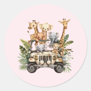 Sticker Rond Un Safari Un Sauvage Un Safari Jungle Animaux Rose